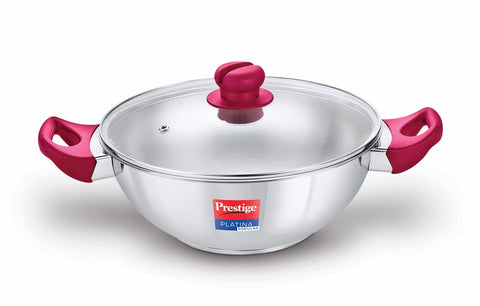 Prestige Platina Popular Stainless Steel Gas and Induction Compatible Kadai with Glass Lid, 260 mm