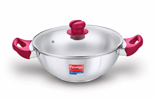 Prestige Platina Popular Stainless Steel Gas and Induction Compatible Kadai with Glass Lid, 300 mm