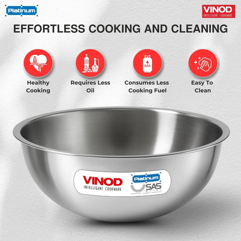 Vinod Platinum Triply Stainless Steel Extra Deep Tasla/Kadai - 2.4 litres, 22 cm | 2.5 mm Thick Heavy Bottom, Fast & Even Heating, Less Oil Healthy Cooking, Induction Base Kadhai for Frying & Dough