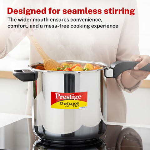 Prestige 10 Litre Stainless Steel Deluxe Alpha Svachh Outer Lid Pressure Cooker | 10Y Warranty | Deep Lid for Spillage Control | TRIPLY Base | Gasket Release System | Gas & Induction Compatible | ISI