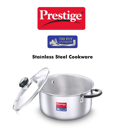 Prestige 20cm/3.25L Tri-Ply Stainless Steel Splendor Casserole with Glass Lid|Gas and Induction Compatible| Even Heat Distribution|Strong and Durable| Perma-Cool Handles