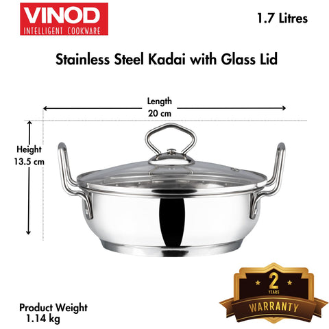 Vinod Stainless Steel Kadhai with Glass Lid 20 cm | Extra Thick SAS Heavy Bottom Cookware | Induction & Gas Stove Compatible