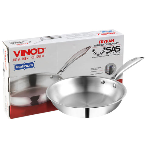 Vinod Platinum Triply Stainless Steel Frying Pan - 16 cm | Heavy-Bottom Frypan for Healthy, Low-Oil Cooking | Induction and Gas Compatible | Scratch Resistant