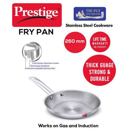 Prestige 26cm/2.3L Tri-Ply Stainless Steel Splendor Fry Pan| Gas & Induction Compatible| Even Heat Distribution| Strong and Durable| Thick Gauge