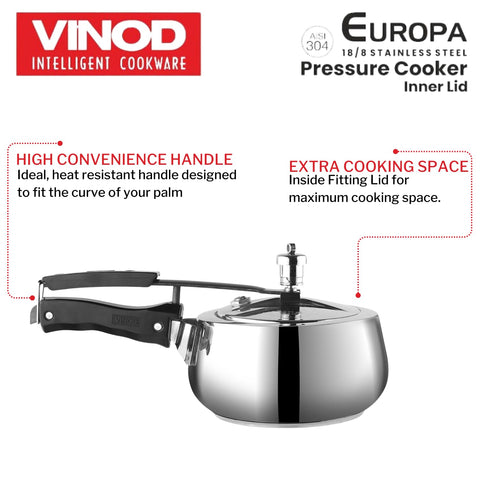 Vinod Europa Stainless Steel Inner Lid Pressure Cooker – 3 Litre | Handi Shape Design | Durable Sandwich Bottom | Induction & Gas Stove Friendly | ISI & CE Certified | 2 Year Warranty | Steel