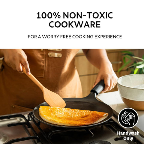 TRAMONTINA TITANEX 28cm Pre-Seasoned Cast Iron Dosa Tawa | Flat Surface with Raised Edges | for Dosa, Uttapam, Cheela, Paratha | Induction & Gas Compatible | Non-Slip Handle