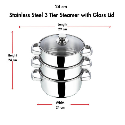 Vinod 3 Tier Stainless Steel Idli Steamer for Kitchen with Glass Lid - 24 cm | 2.5 mm Thick Base | Modak, Momo, Idiyappam, Vegetable, Puttu Maker and Steamer| Induction Base - 2 Year Warranty | Big