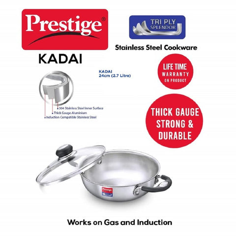 Prestige 24cm/2.7L Tri-Ply Stainless Steel Splendor Kadai with Lid| Gas & Induction Compatible| Even Heat Distribution| Strong and Durable| Perma-Cool Handles
