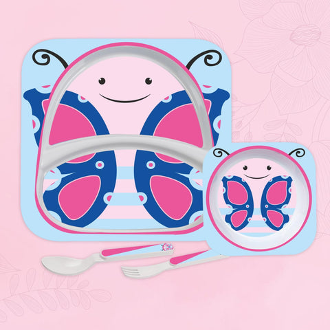 Cello Kids Meal Melamine Dinner Set with Butterfly Print | Safe and hygenic for Kids to use | Attractive and Long Lasting Designs | Break Resistant | Pink, Set of 4