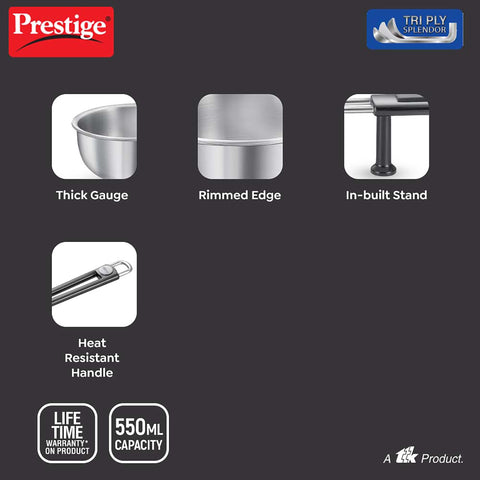 Prestige 13cm/550ml Tri-Ply Stainless Steel Splendor Tadka Pan|Gas & Induction Compatible| Rimmed Edge| in-Built Stand| Heat Resistance Handle| Thick Gauge
