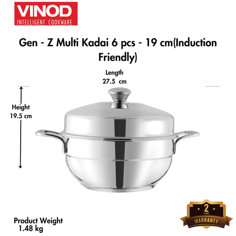 Vinod Gen - Z Multi 6 pcs Kadai with Stainless Steel Lid, 2 Idli Plates, 2 Dhokla Plates and 1 Patra Plate -Induction & Gas Stove Friendly, Sturdy Handle,SAS Bottom