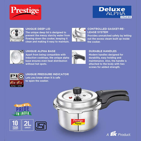 Prestige Deluxe Alpha Svachh 2.0 Litre Stainless Steel Outer Lid Pressure Cookers, Silver, 2 Liter, 20247