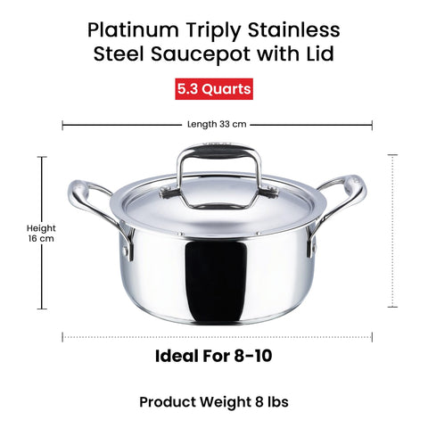 Vinod Platinum Triply Stainless Steel Saucepot with Lid 5L (24 cm) | 2.5 mm Thick Base | Multi-Purpose Biryani & Curry Pot | Induction & Gas Stove Compatible | 5 Year Warranty – Silver