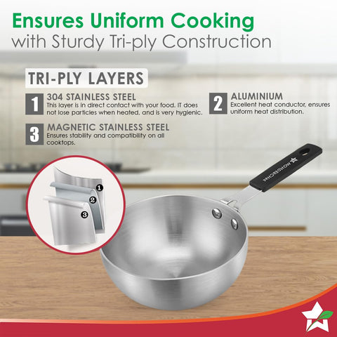 Wonderchef Venice Tri-ply Stainless-Steel Mini Wok Tadka Pan | 650 ml, 14 cm | Cool-Touch Silicone Handle | Warp-Resistant, 100% Food-Grade Material | Compatible with All Cooktops | 1-Year Warranty