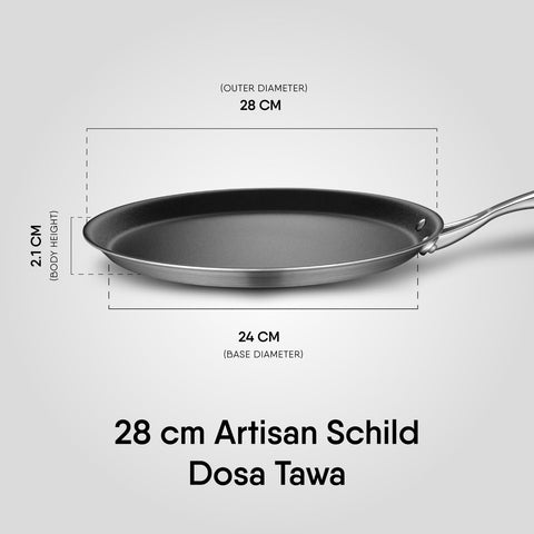 Stahl Artisan Schild | 28 cm Dosa Tawa Triply Stainless Steel + PEEK-Reinforced Non-Stick Dosa Tawa | Induction & Gas Compatible | Manufacturer Warranty
