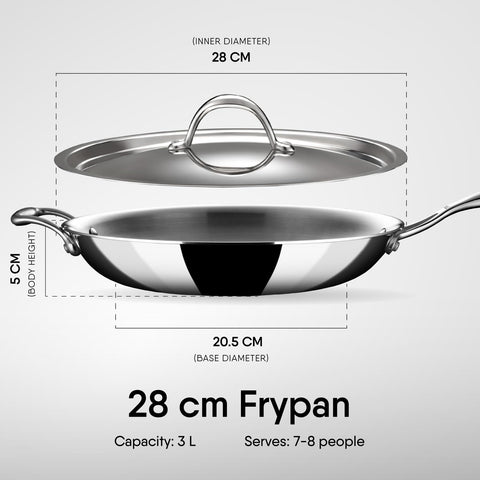 Stahl Artisan Triply Stainless Steel Fry Pan with Lid, 3.0 L, 28 cm - Induction & Gas Stove Compatible, Omelette and Egg Frying
