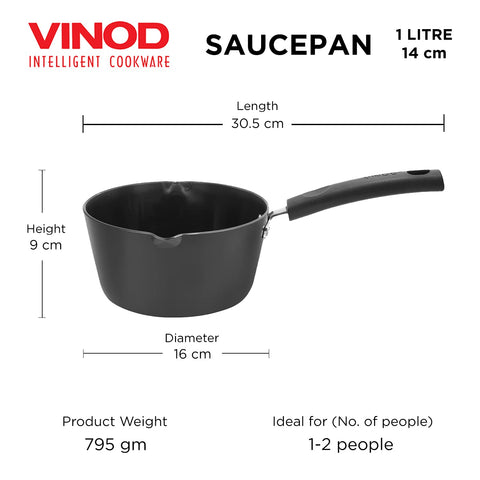 Vinod Black Pearl Hard Anodised American Non Stick Saucepan - 1 Litre, 14cm | 3.25mm Thickness | Metal Spoon Friendly | Easy to Pour | 2 Year Warranty | Toxin Free - Black