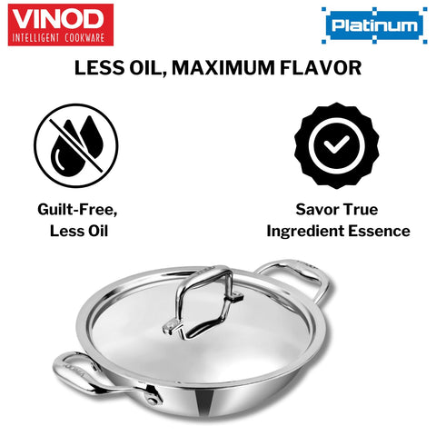 Vinod SAS Pro Platinum Triply Stainless Steel Kadai - 2.5 L | HexaShield Design Stick-Resistant Surface | Metal Spatula Safe | Less Oil, Healthy Cooking | Induction & Gas Base | PFOA Free