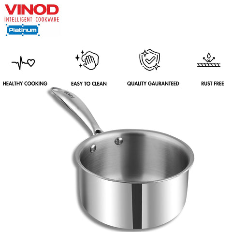 Vinod Platinum Triply Stainless Steel Milkpan - 1.5 Litre, 16 cm | Easy Pour Spout | Tea/Milk/Chai Pan | Rivetted Sturdy Handle | Induction & Gas Base | 5 Year Warranty