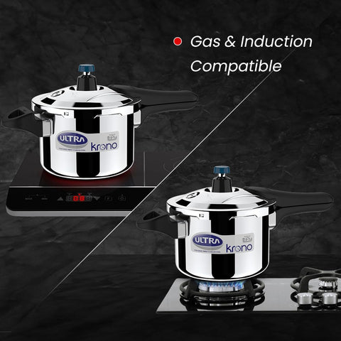 Ultra Triply Krono Pressure Cooker 3 Litre | Whistle Counter | Spillage Control | AISI 304 Food Grade Stainless Steel Cooker | 5 Years Warranty | 1.2 MM Lid Thickness | Induction Compatible