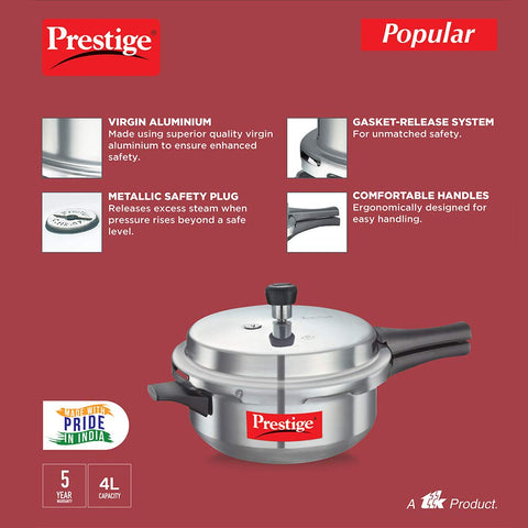 Prestige 4 Litre Aluminium Popular Junior Outerlid Deep Pressure Pan (Cooker)|Gas Compatible|Gasket Release System|Metallic Satefy plug|5 Years Warranty|ISI Certified