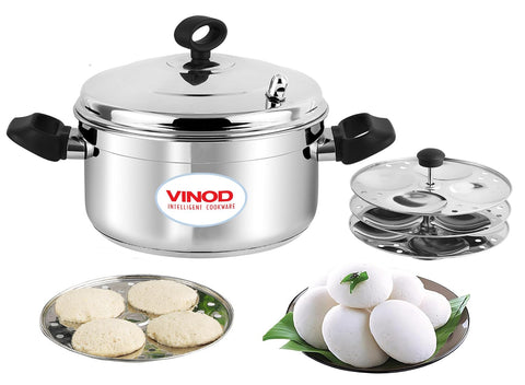 Vinod Classic 304 Stainless Steel Idli Pot - 4 Deep Plates (16 Idlis) | Soft & Plump Fluffy Idly Maker Cooker | Even Heating SAS Bottom Steamer | Heat-Resistant Handles | Induction & Gas Compatible