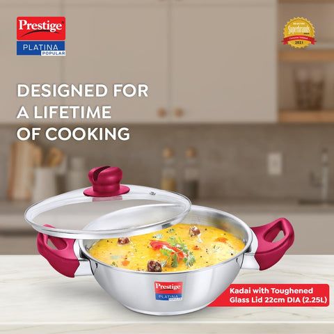 Prestige Platina Popular Stainless Steel Gas and Induction Compatible Kadai with Glass Lid, 220 mm