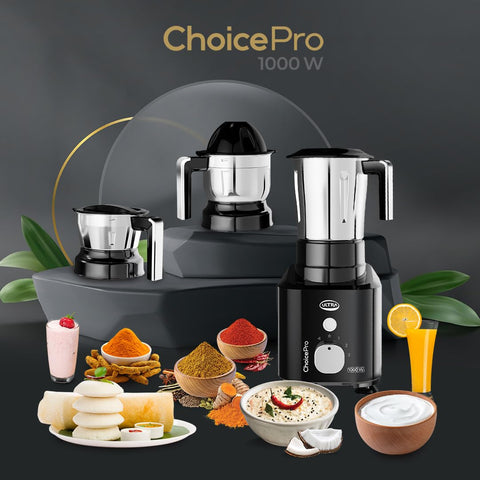 Ultra Choice Pro Mixer Grinder - Black | Fast & Heavy-Duty 1000W High Torque Motor with 5 Years Warranty | AISI 304 Food-Grade 3 SS Jar, 3 Speed Regular + Pulse