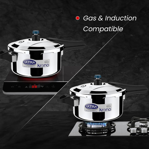 Ultra Triply Krono Pressure Cooker 4.5 Litre | Whistle Counter | Spillage Control | AISI 304 Food Grade Stainless Steel Cooker | 5 Years Warranty | 1.2 MM Lid Thickness | Induction Compatible
