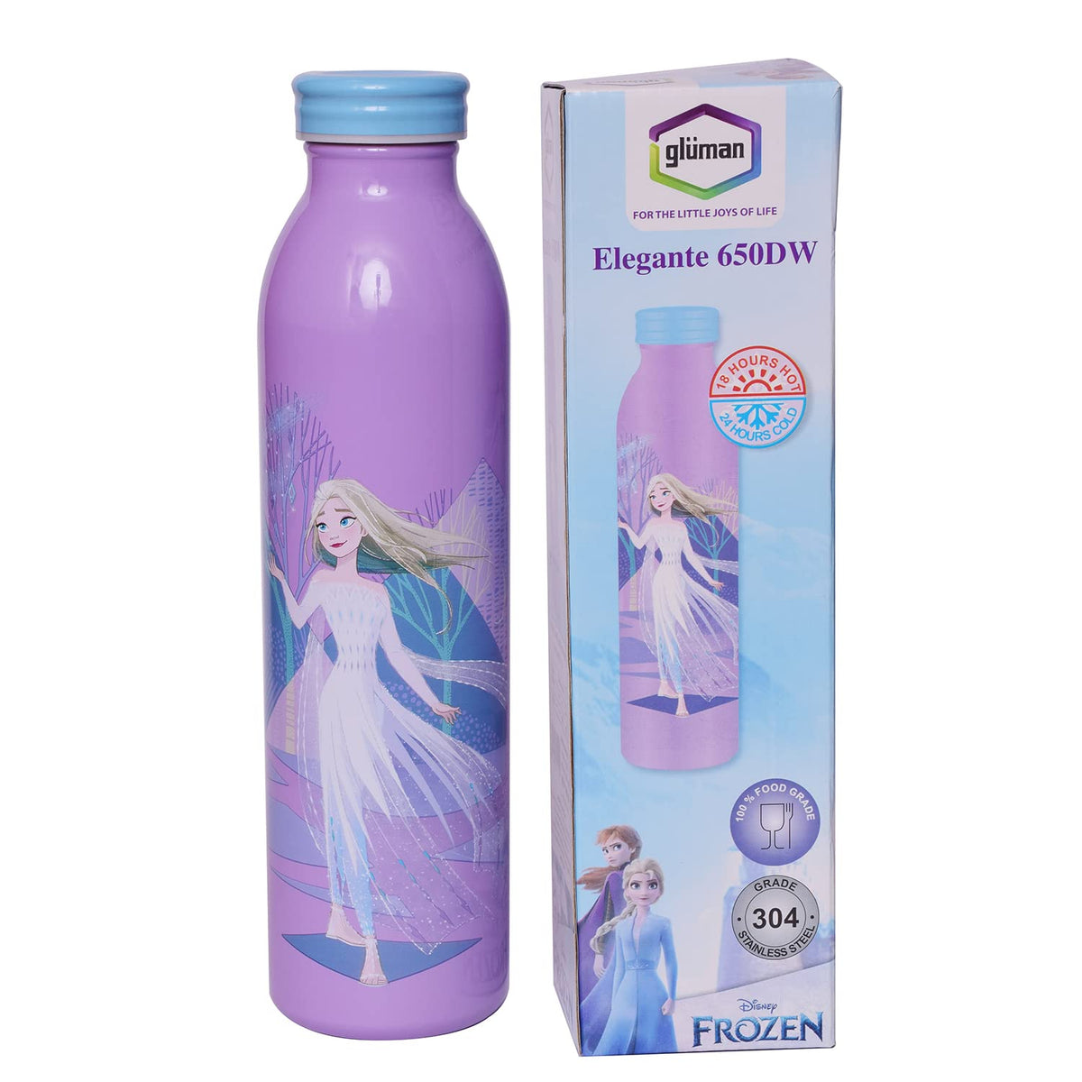 Gluman School Water Bottle for Girls | Insulated School Kids Bottle with Inner Steel | Disney Elegante Frozen Water Bottle for School Kids | Leak Proof | Food Grade | Hot & Cold | 650 ml