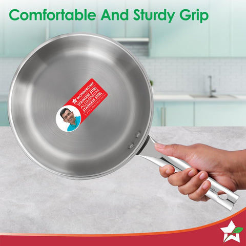 Wonderchef Stella Triply Stainless Steel Cookware Set | 3 Pcs. | Fry Pan 22 cm, Kadhai 22 cm + Lid | for Gas Stove, Induction, Ceramic Cooktop | Uniform Heating | Heavy-Duty Handle | 10-Year Warranty