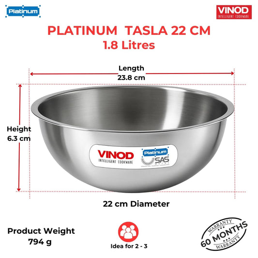 Vinod Platinum Triply Stainless Steel Tasla/Kadai - 1.8 litres, 22 cm | 2.5 mm Thick Heavy Bottom, Fast & Even Heating, Less Oil Healthy Cooking, Induction and Gas Base Kadhai for Frying & Dough