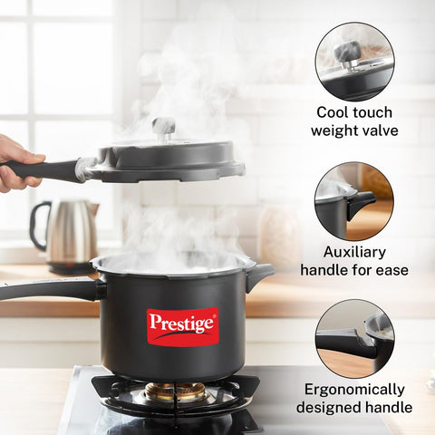 Prestige 5 Litre Hard Anodised Popular Svachh Outerlid Pressure Cooker|Deep Lid for spillage Control|Gas compatible|Gasket Release System|Metallic Safety Plug|5 years warranty|ISI Certified