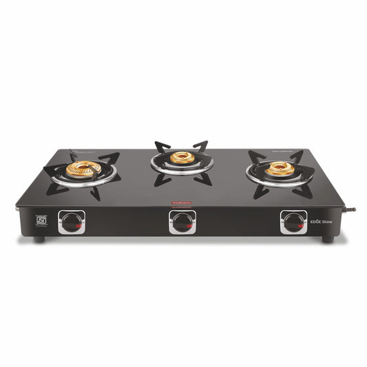Vidiem Edge Shine Gas Stove | 8mm Toughened Glass Top | Extra Large Cooking Surface | Heavy-Duty Brass Burners | Manual Ignition | Lifetime Glass Warranty (3 Burner)