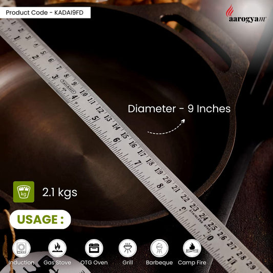 Flat Kadai, 9 Inch Diameter, Cast Iron, Induction Friendly, Pre Seasoned, Loha Kadai, Oven Safe