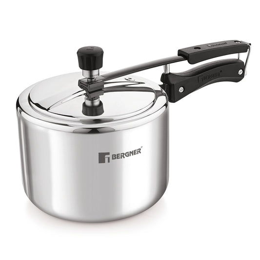 Bergner Argent TriPly 18/8 Stainless Steel 2.5 Ltr Inner Lid Pressure Cooker, Pressure Cooker with Rivetless Technology, 2.5 mm Body Thickness, Induction Bottom and Gas Ready, Silver, 5-Year Warranty