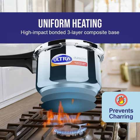 ULTRA Duracook 2.L StainlessSteel Outer Lid,AISI 304 Food Grade SS Pressure Cooker (2 Litre),Froth Collector,spillage Control,Induction&cooktop Compatible,Injection Moulded Bakelite Handles,ISI.