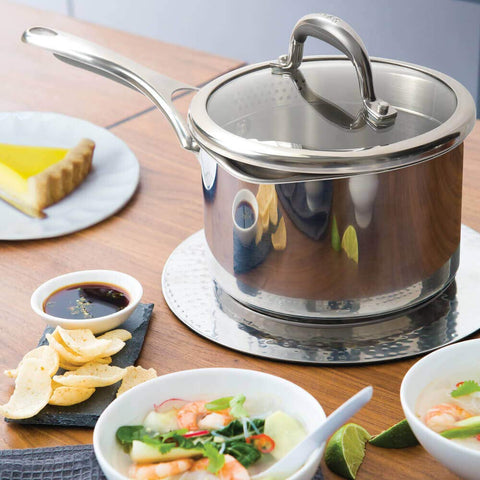 Meyer Select Nickel Free Stainless Steel Saucepan | Sauce pan with triply Base| Sauce Pot with Straining Glass Lid |Milk pan with Lid | Gas and Induction Compatible, 16cm/ 1.4 Liters, Silver