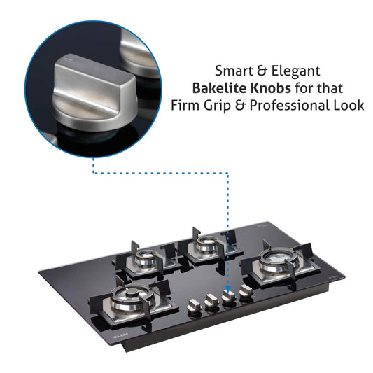 Glen 4 Burner Built In Glass Gas Hob Top | Triple Ring Burner with Double Ring Forged Brass Burner | Auto Ignition | 2 Years Standard & 5 Years Glass Warranty 1074 SQ HT DB TR