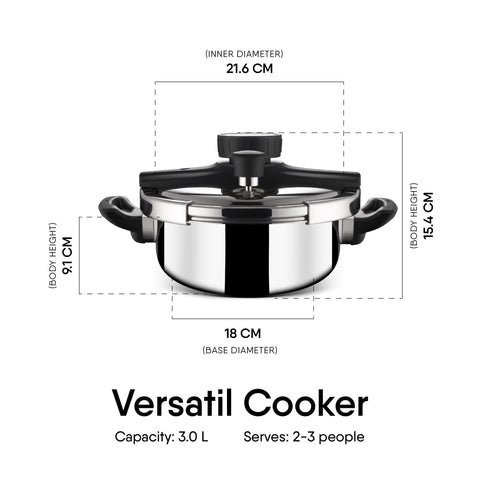 Stahl Versatil Triply Pressure Cooker, 3 L, Induction Cooker, Outer Lid Pressure Cooker, Induction & Gas Stove Compatible, 5 Years Warranty, Stainless Steel, Silver