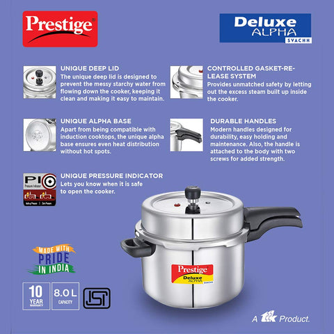 Prestige 8 Litre Stainless Steel Deluxe Alpha Svachh Outerlid Pressure Cooker |Deep lid for spillage control|10 years warranty|Gas & Induction compatible|Gasket release system|ISI Certified