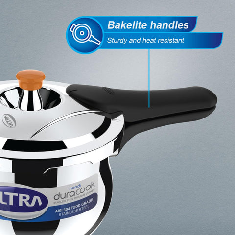 Ultra Duracook Handi Pressure Cooker 6.5 Litre | AISI 304 Food Grade Stainless Steel Cooker | 10 Years Warranty | Injection Moulded Handles | Induction Compatible | Keeps Food Warm for up to 2 Hours