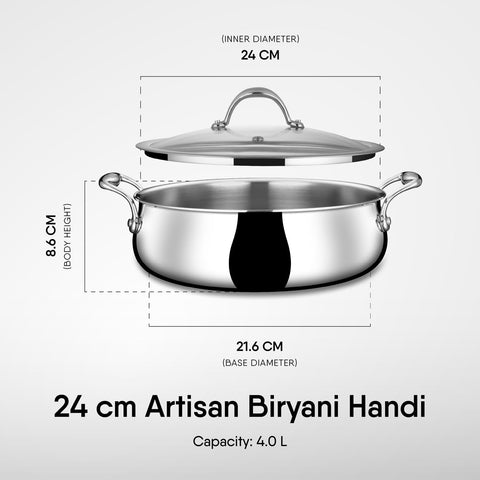 Stahl Artisan Triply Stainless Steel 24 cm Biryani Handi with Dual lid, Steel Lid for Dum & Glass Lid for Serving | 4L Biryani Pot, Gas & Induction Compatible | Non-Toxic, Less Oil, Stick Resistant