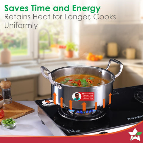 Wonderchef Stella Triply Stainless Steel Casserole with Lid | 22 cm, 3.5 litres | Compatible with Gas Stove, Induction, Ceramic Cooktop | Non-Toxic | Heavy-Duty Handle | 10-Year Warranty