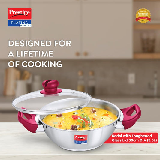 Prestige Platina Popular Stainless Steel Gas and Induction Compatible Kadai with Glass Lid, 300 mm