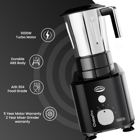 Ultra Choice Pro Mixer Grinder - Black | Fast & Heavy-Duty 1000W High Torque Motor with 5 Years Warranty | AISI 304 Food-Grade 3 SS Jar, 3 Speed Regular + Pulse