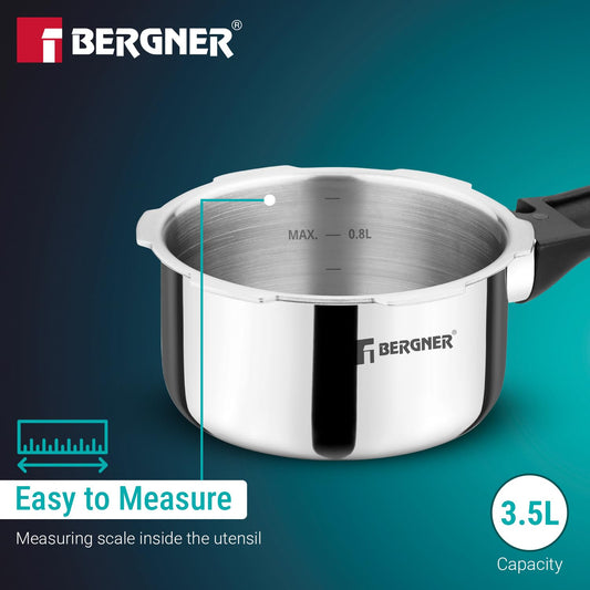 Bergner Argent Classic Triply Stainless Steel 1 Liter Outer Lid Pressure Cooker, Mini Baby Cooker with Resettable Safety Valve, Sturdy Handle, Easy to Use and Clean - Induction and Gas Stove Ready