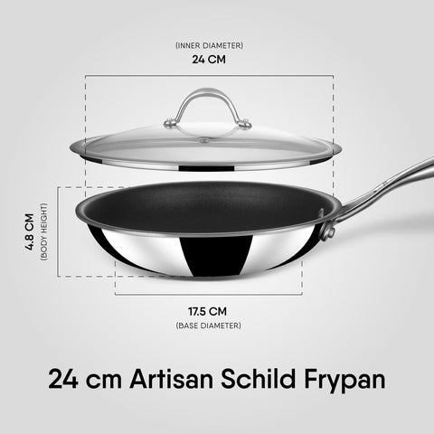 Stahl Artisan Schild, 24 cm Frypan, Triply Stainless Steel + PEEK-Reinforced Non-Stick Fry Pan | Induction & Gas Compatible | with Glass Lid | Manufacturer Warranty