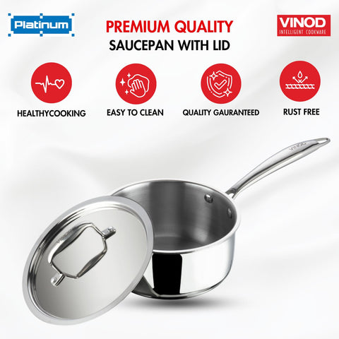 Vinod Platinum Triply Stainless Steel Saucepan with Stainless Steel Lid 1.6 Liters Capacity (16 cm Diameter) with Riveted Handle - Silver (Induction and Gas Stove Friendly)