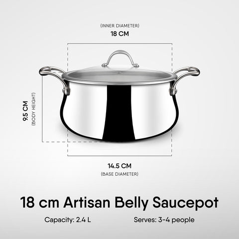 Stahl Triply Stainless Steel Sauce Pot with Lid I Stainless Steel Belly Casserole | Tri Ply Biryani Pot with Induction Base | Artisan 4178, Dia 18 cm, 2.4 L (Serves 3 People)